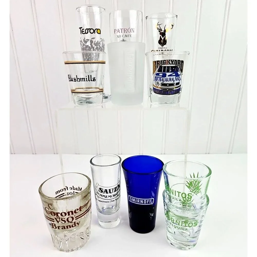 Lot of 11 Collectible Shot Glasses Smirnoff Bushmills Sauza Hornitos Brickyard
